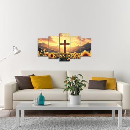 Christian Pictures Wall Decor 5 Pieces Cross and Sunflowers Canvas Prints