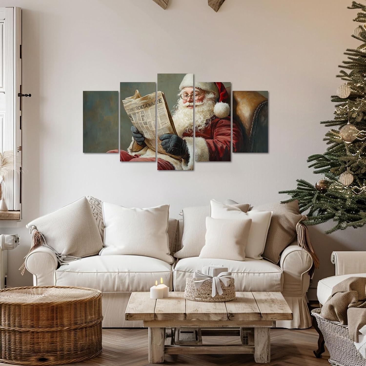 Santa Claus Canvas Wall Art Christmas Pictures 5 Pieces Santa Reading Booking Painting Prints