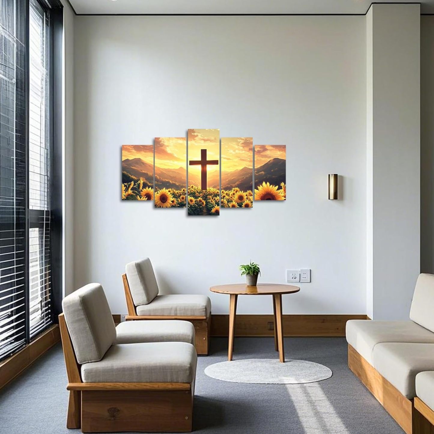 Christian Pictures Wall Decor 5 Pieces Cross and Sunflowers Canvas Prints