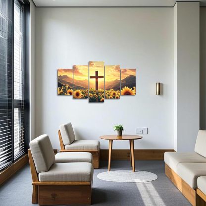 Christian Pictures Wall Decor 5 Pieces Cross and Sunflowers Canvas Prints