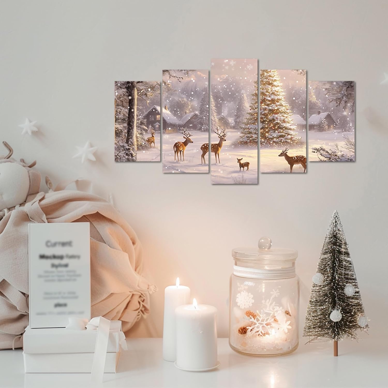 Christmas Canvas Wall Art 5 Piece Winter Snow Deer Christmas Tree Picture Print Rustic Cabin Snowy
