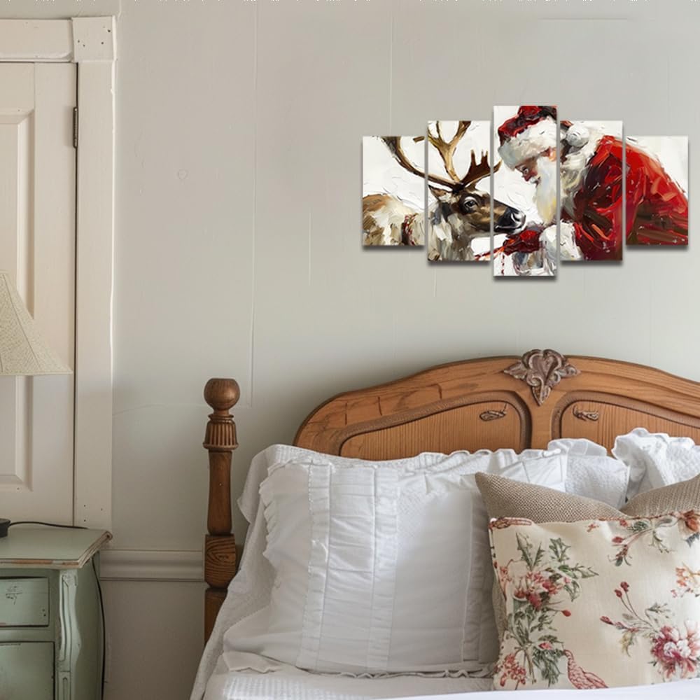 5 Pieces Christmas Canvas Wall Art Santa Claus and Reindeer Wall Pictures
