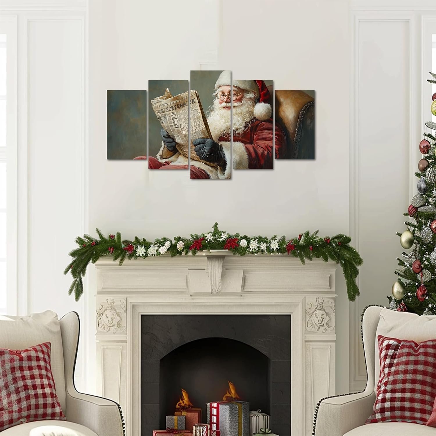 Santa Claus Canvas Wall Art Christmas Pictures 5 Pieces Santa Reading Booking Painting Prints