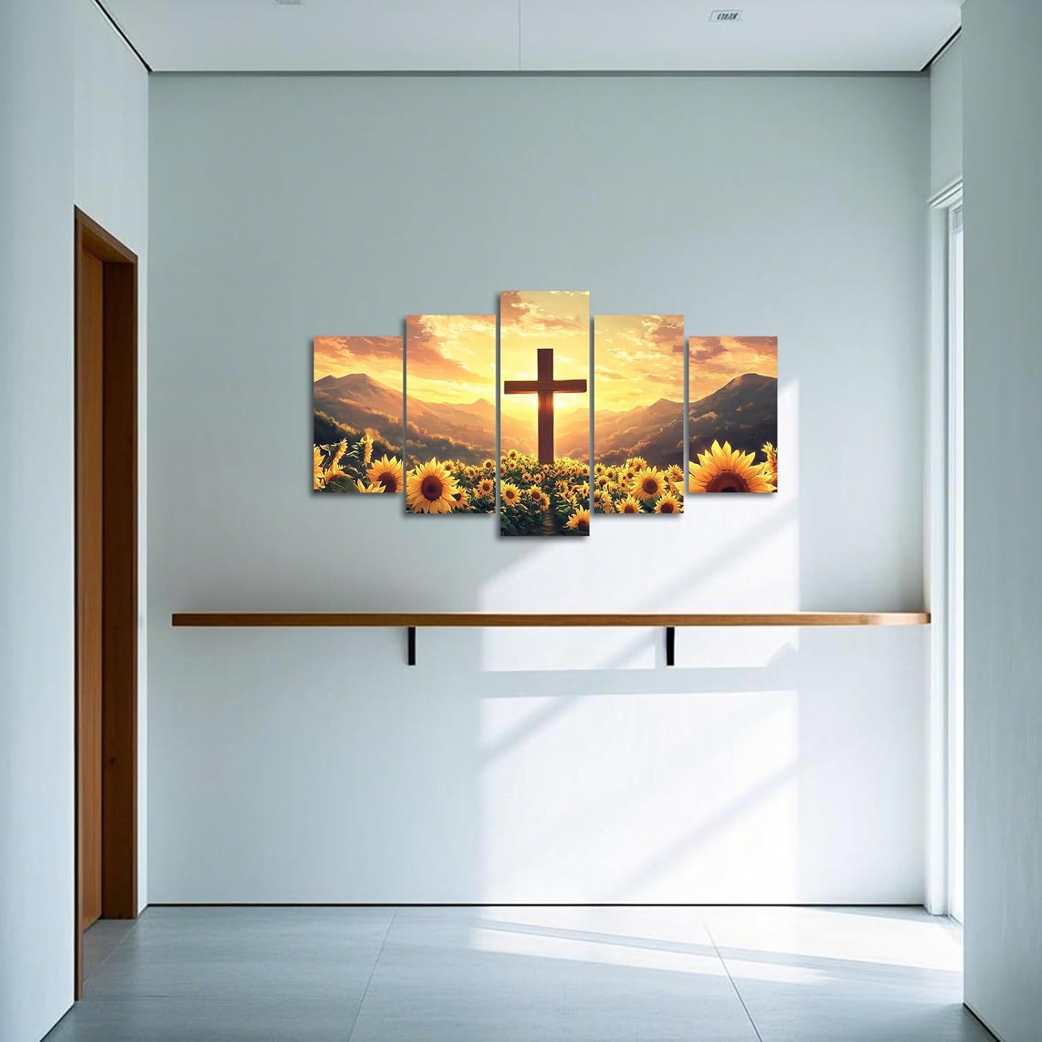 Christian Pictures Wall Decor 5 Pieces Cross and Sunflowers Canvas Prints