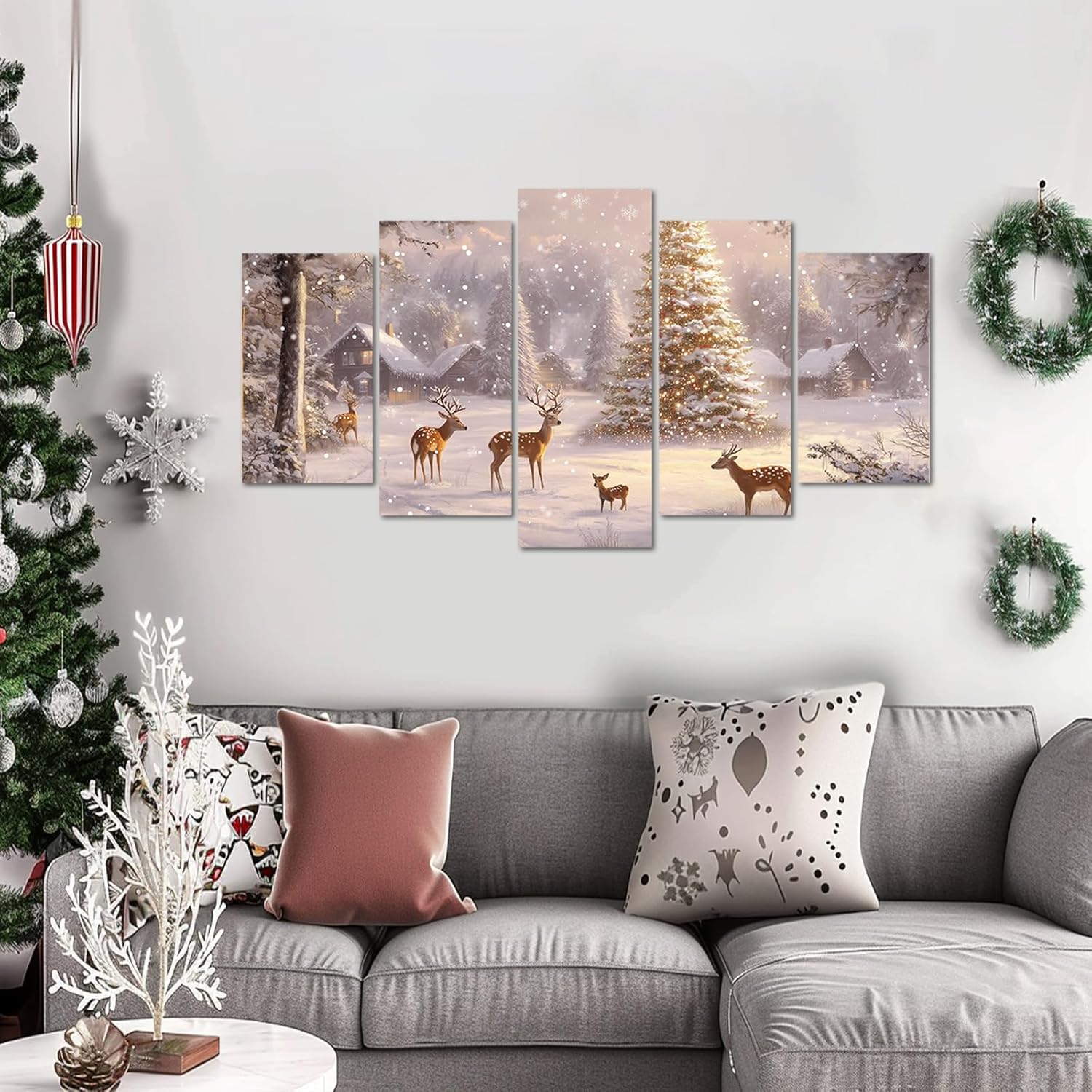 Christmas Canvas Wall Art 5 Piece Winter Snow Deer Christmas Tree Picture Print Rustic Cabin Snowy