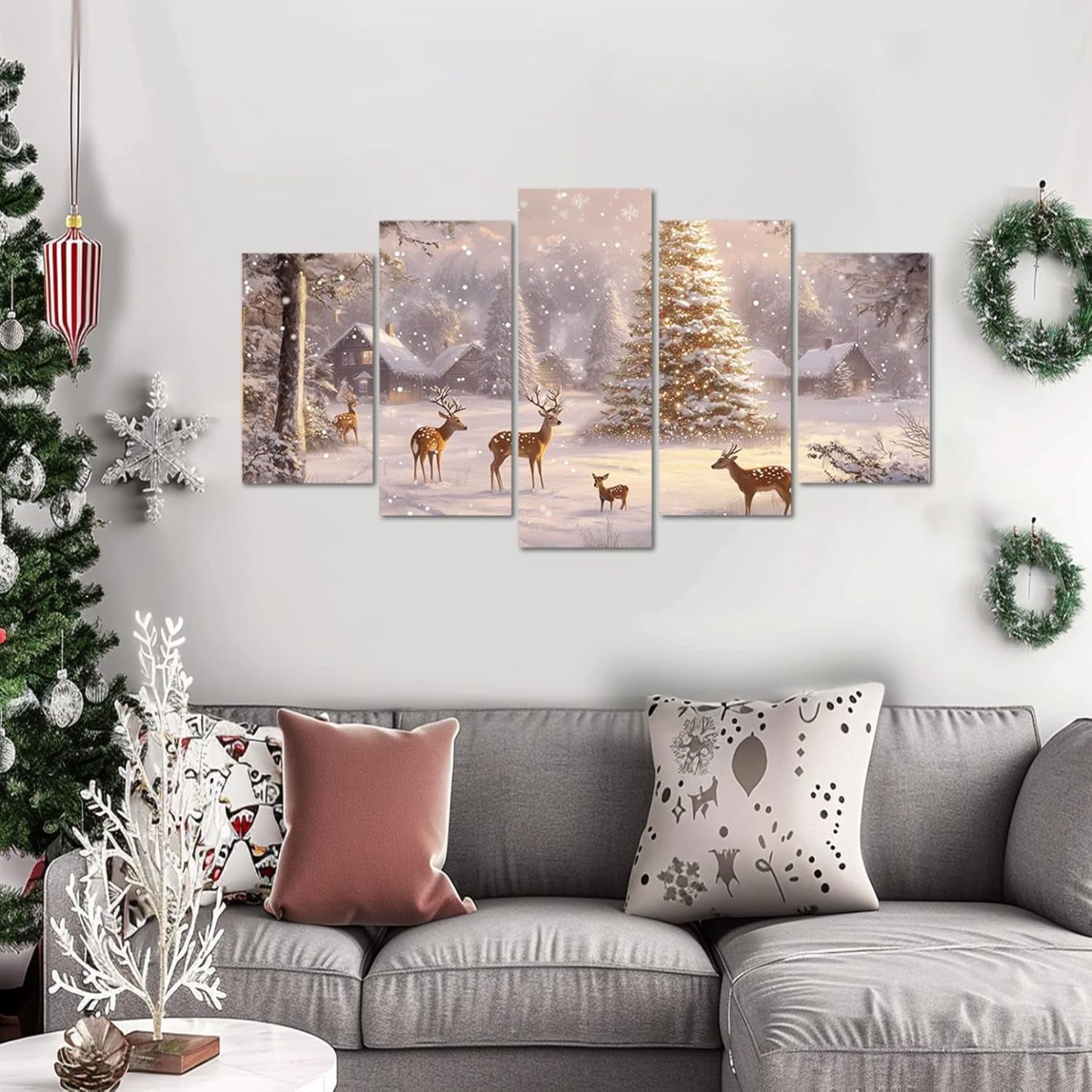 Christmas Canvas Wall Art 5 Piece Winter Snow Deer Christmas Tree Picture Print Rustic Cabin Snowy