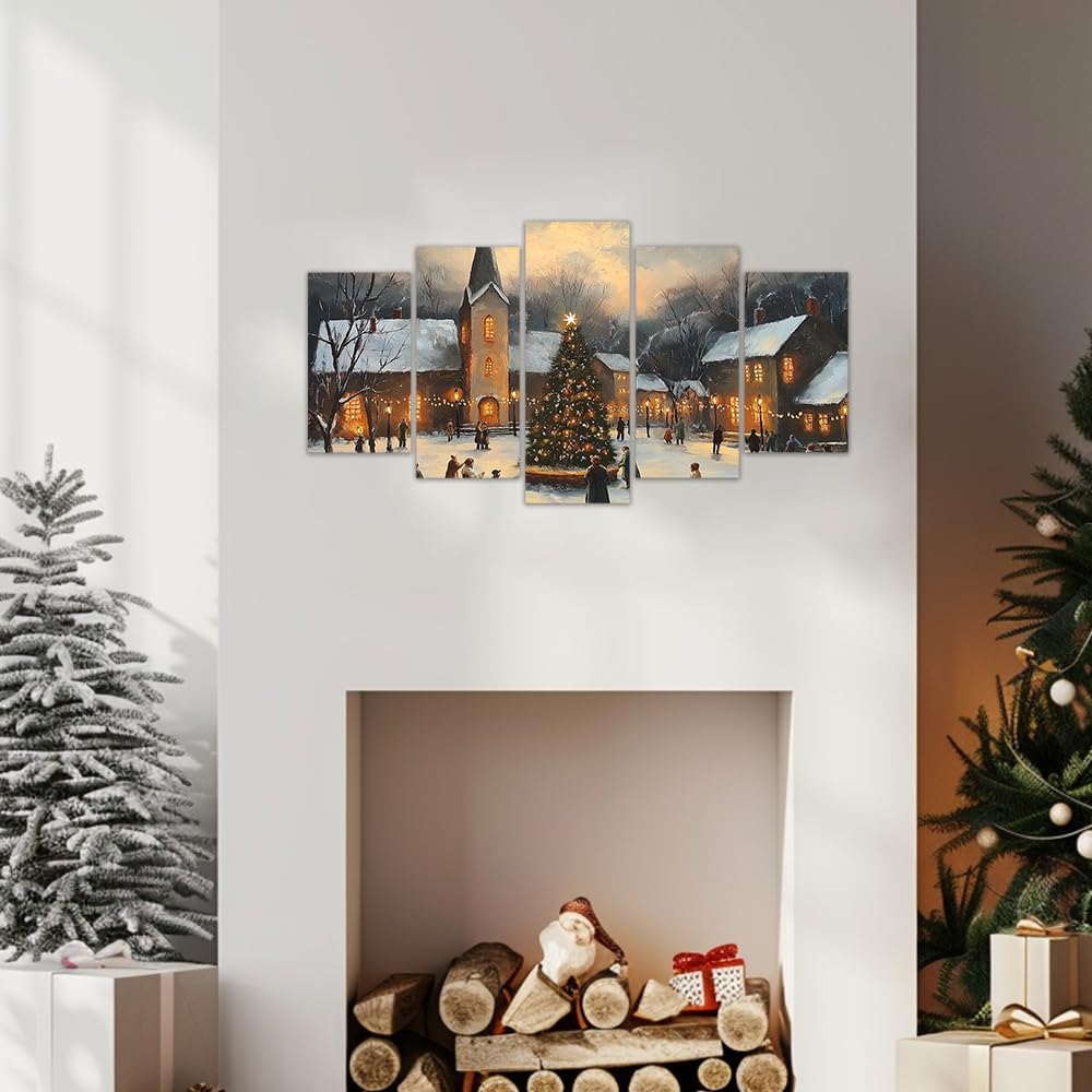 5 Pieces Christmas Wall Art Country Church Canvas Painting Art