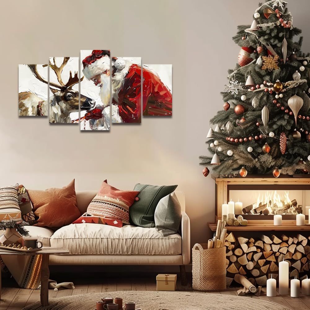 5 Pieces Christmas Canvas Wall Art Santa Claus and Reindeer Wall Pictures