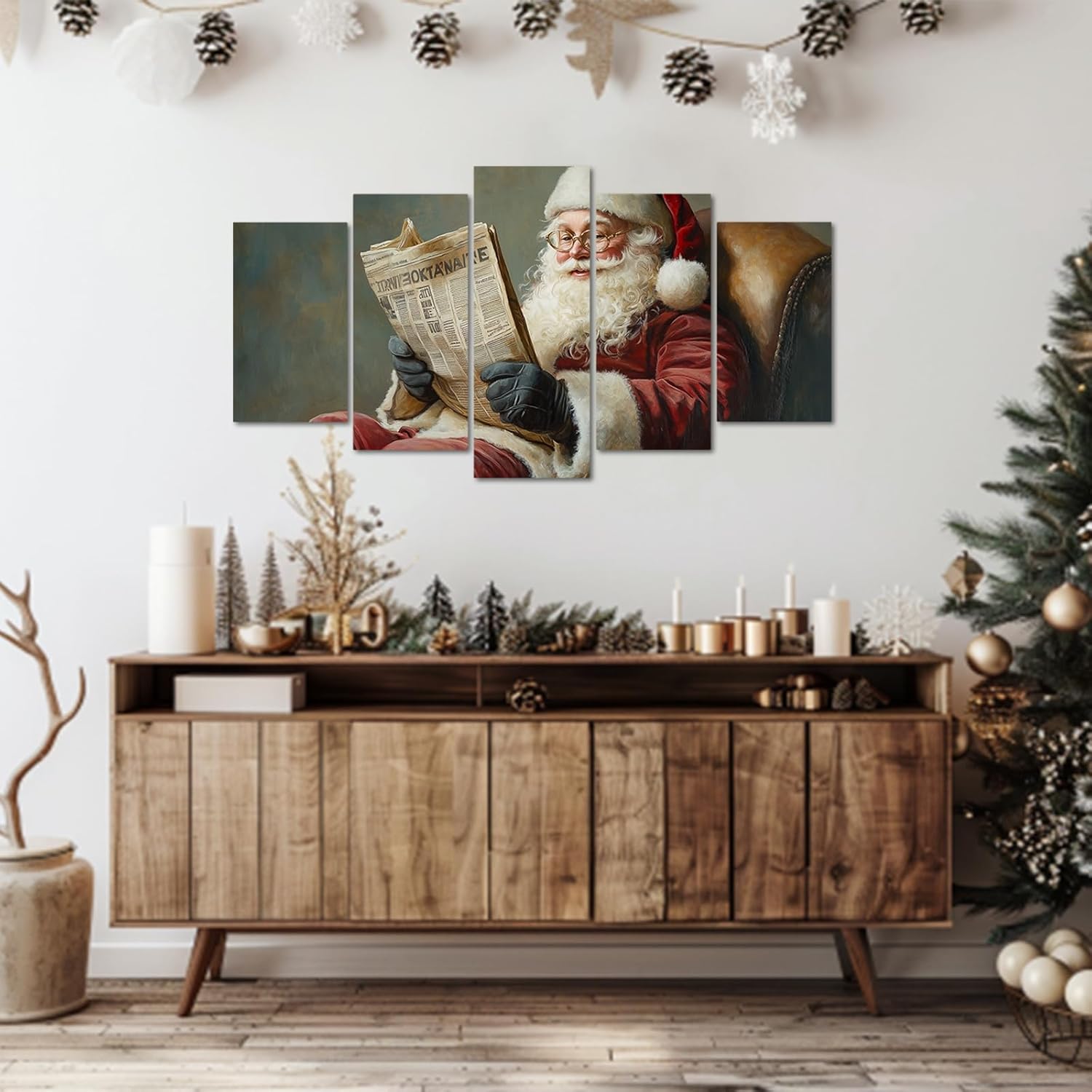 Santa Claus Canvas Wall Art Christmas Pictures 5 Pieces Santa Reading Booking Painting Prints