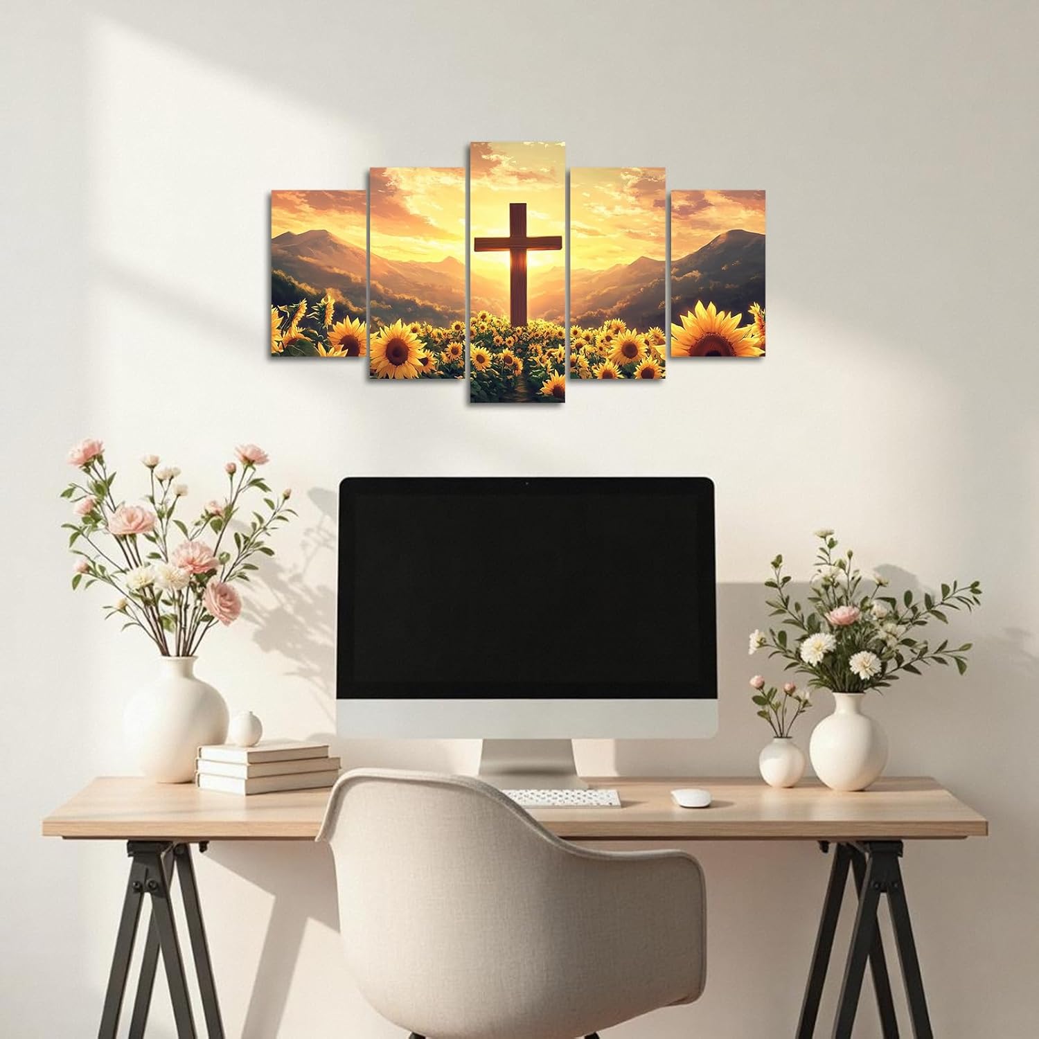 Christian Pictures Wall Decor 5 Pieces Cross and Sunflowers Canvas Prints