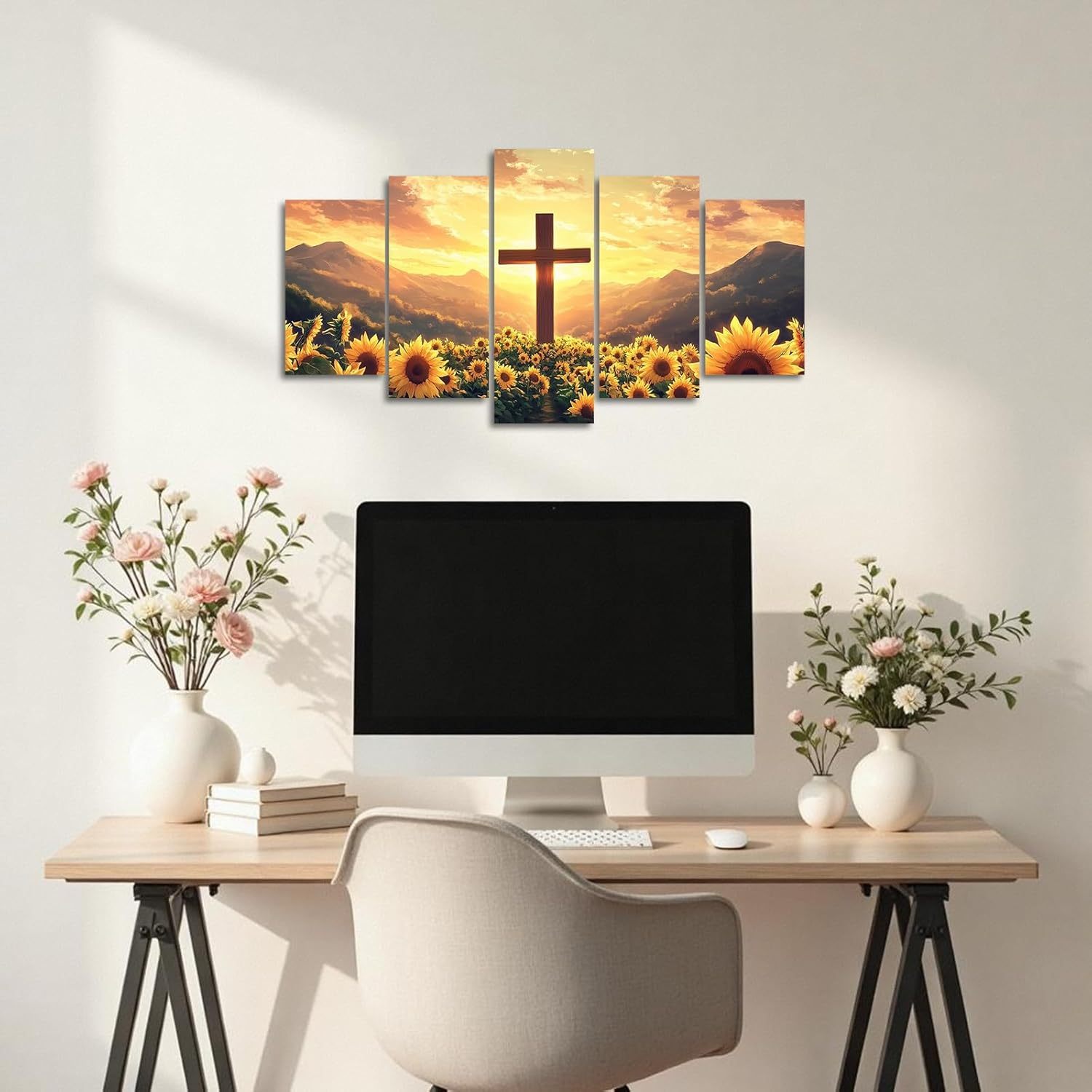 Christian Pictures Wall Decor 5 Pieces Cross and Sunflowers Canvas Prints