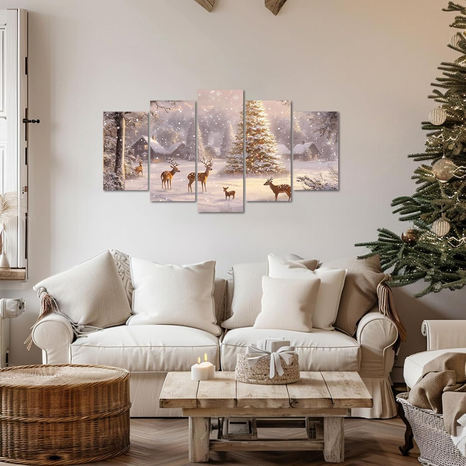 Christmas Canvas Wall Art 5 Piece Winter Snow Deer Christmas Tree Picture Print Rustic Cabin Snowy
