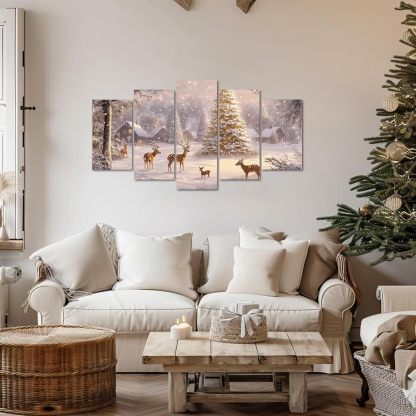 Christmas Canvas Wall Art 5 Piece Winter Snow Deer Christmas Tree Picture Print Rustic Cabin Snowy