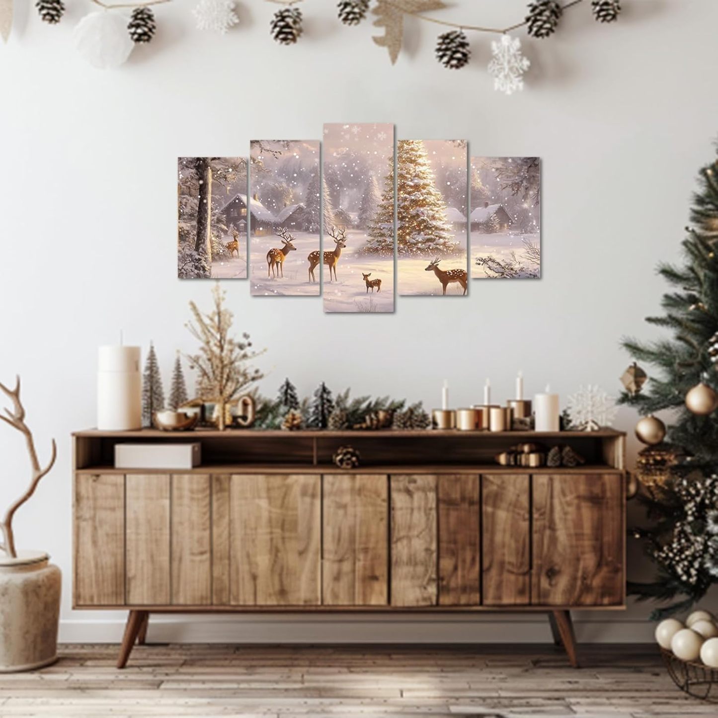Christmas Canvas Wall Art 5 Piece Winter Snow Deer Christmas Tree Picture Print Rustic Cabin Snowy