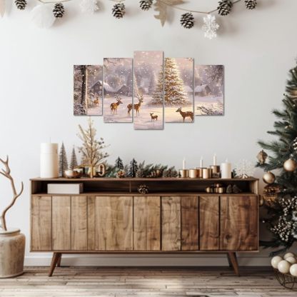 Christmas Canvas Wall Art 5 Piece Winter Snow Deer Christmas Tree Picture Print Rustic Cabin Snowy