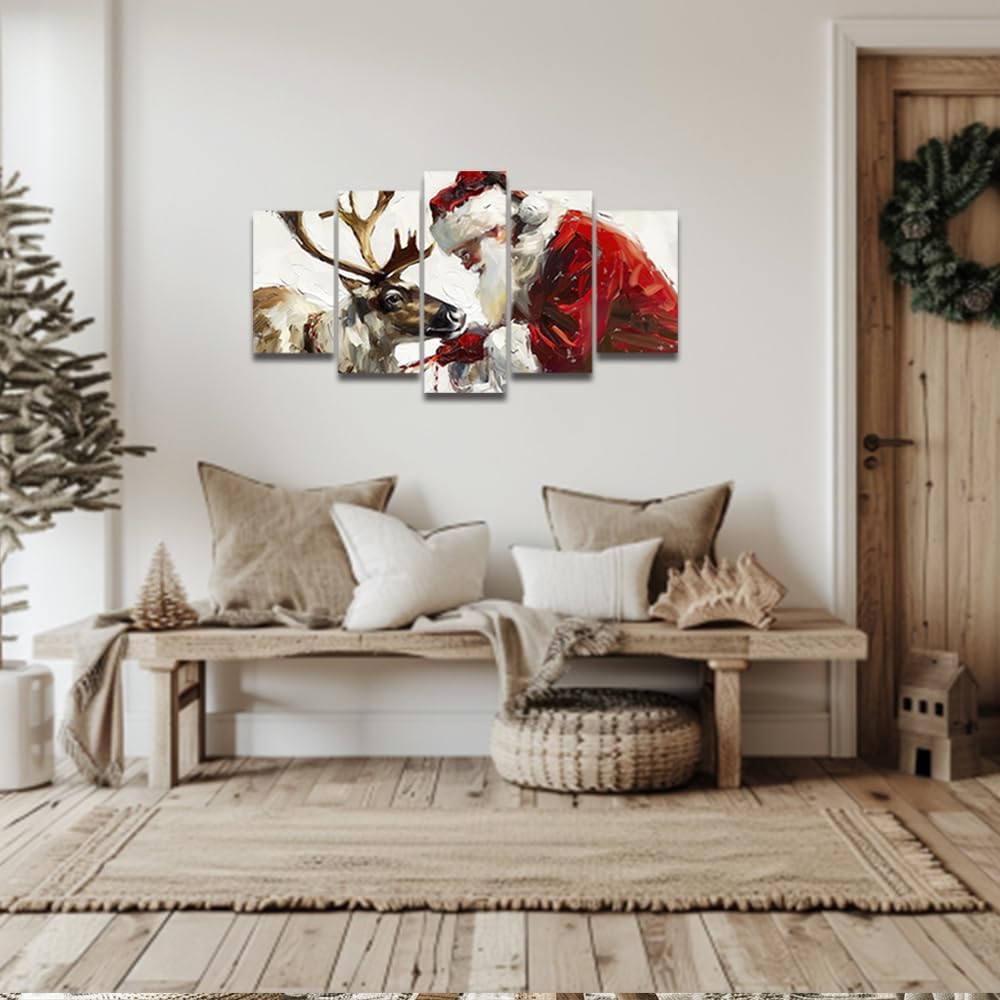 5 Pieces Christmas Canvas Wall Art Santa Claus and Reindeer Wall Pictures