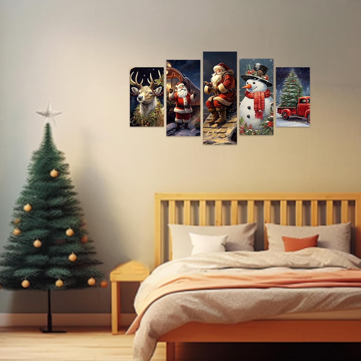Santa Claus Wall Art 5 Piece Christmas Tree Deer Picture Snowman Canvas Prints