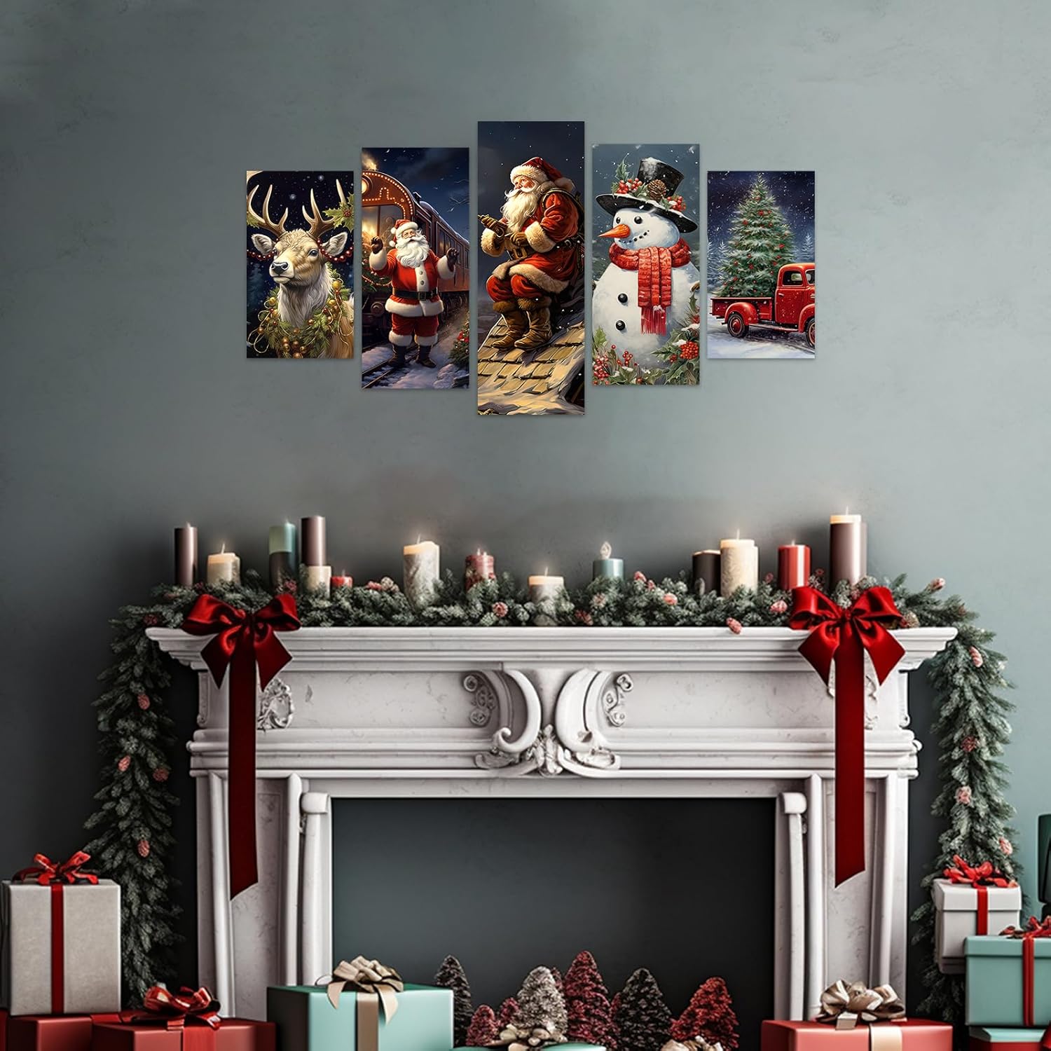 Santa Claus Wall Art 5 Piece Christmas Tree Deer Picture Snowman Canvas Prints