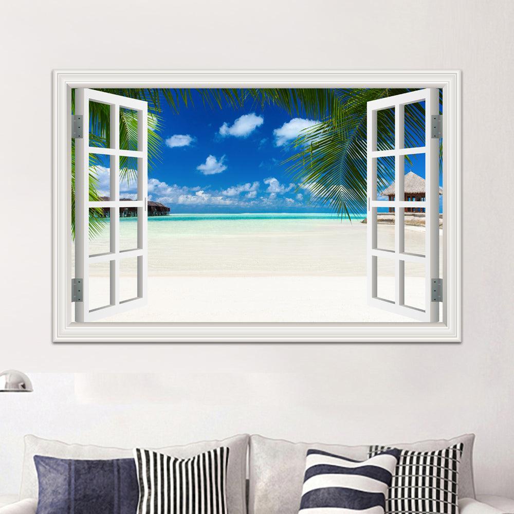 Blue Sky And Sea 3D Window Canvas Wall Art-Original Frame