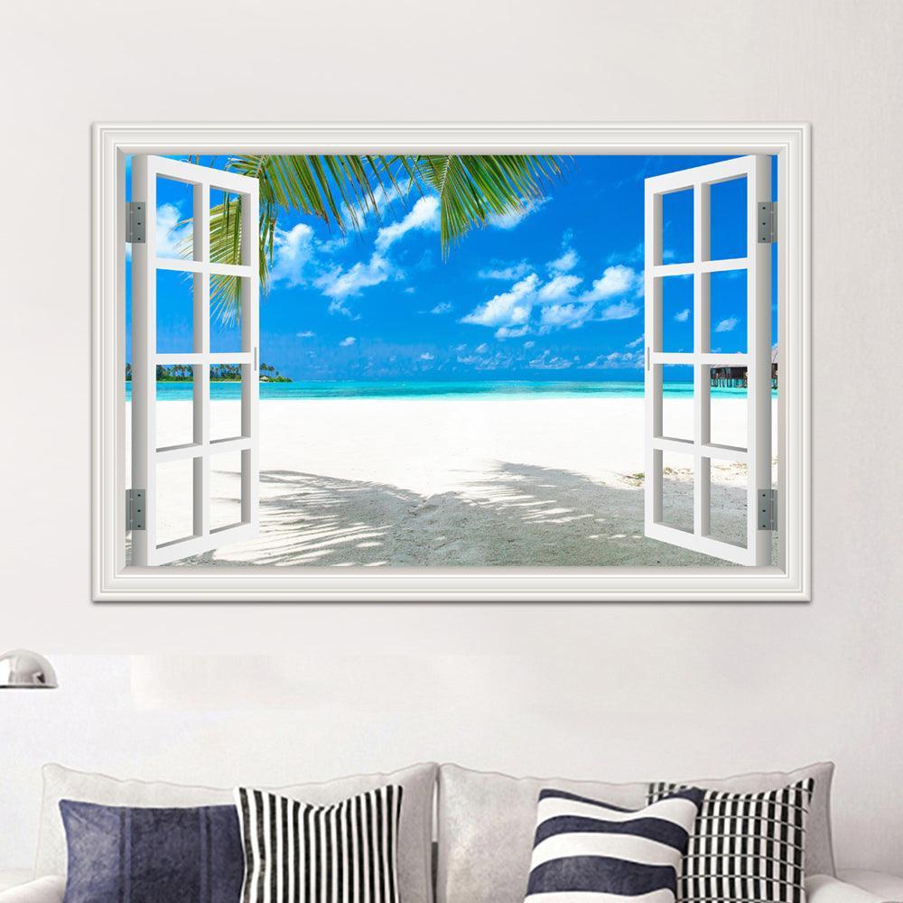 Blue Sky And Sea 3D Window Canvas Wall Art-Original Frame