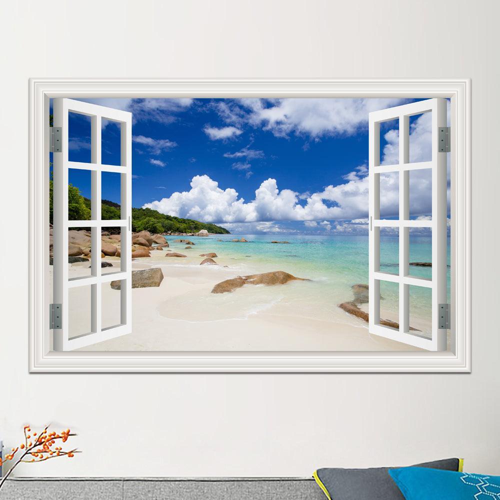 Blue Sky And Sea 3D Window Canvas Wall Art-Original Frame