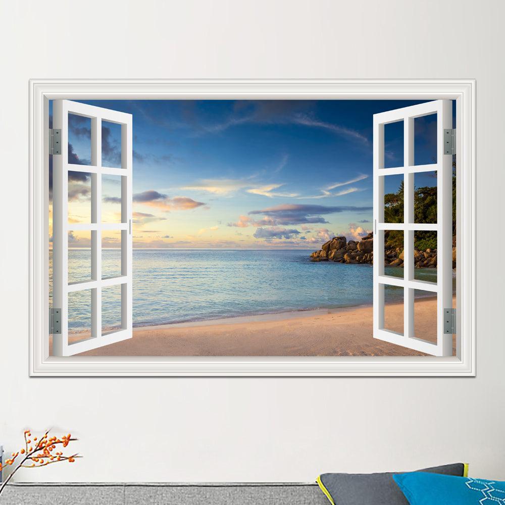 Blue Sky And Sea 3D Window Canvas Wall Art-Original Frame
