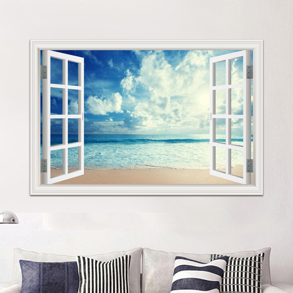 Blue Sky And Sea 3D Window Canvas Wall Art-Original Frame