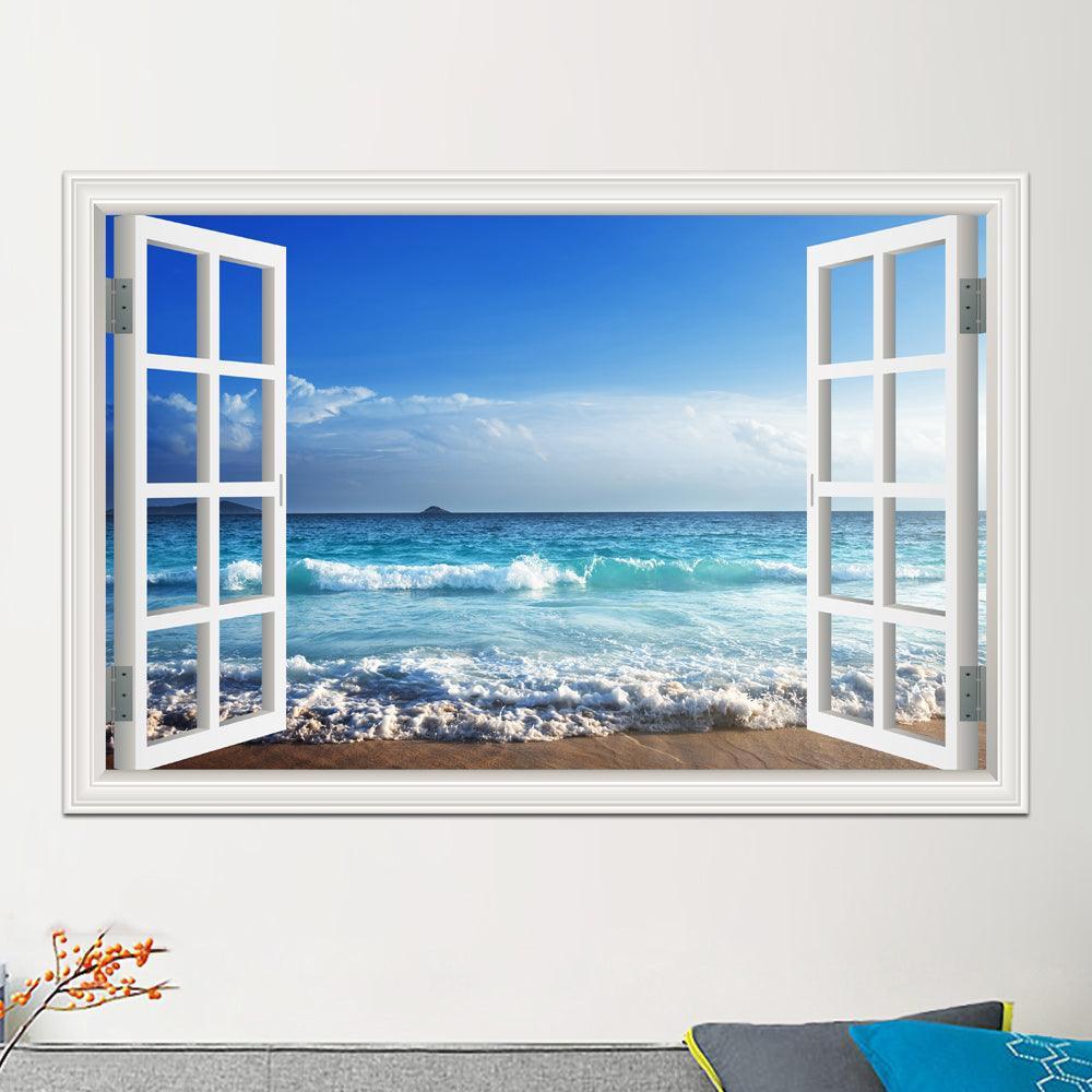 Blue Sky And Sea 3D Window Canvas Wall Art-Original Frame