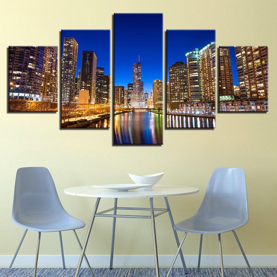 City Building Nightscape 5 Piece HD Multi Panel Canvas Wall Art Frame-Original Frame