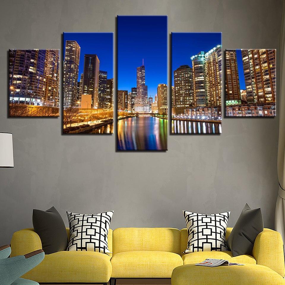 City Building Nightscape 5 Piece HD Multi Panel Canvas Wall Art Frame-Original Frame