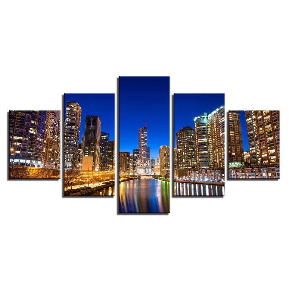 City Building Nightscape 5 Piece HD Multi Panel Canvas Wall Art Frame-Original Frame