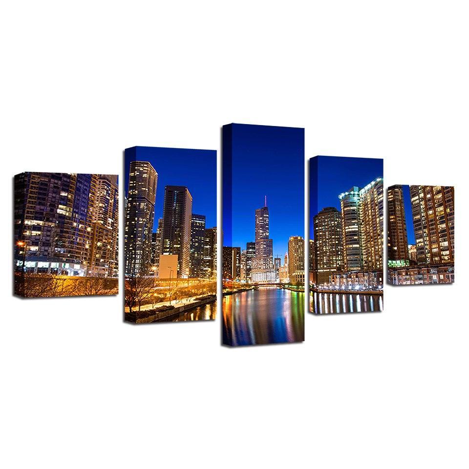 City Building Nightscape 5 Piece HD Multi Panel Canvas Wall Art Frame-Original Frame