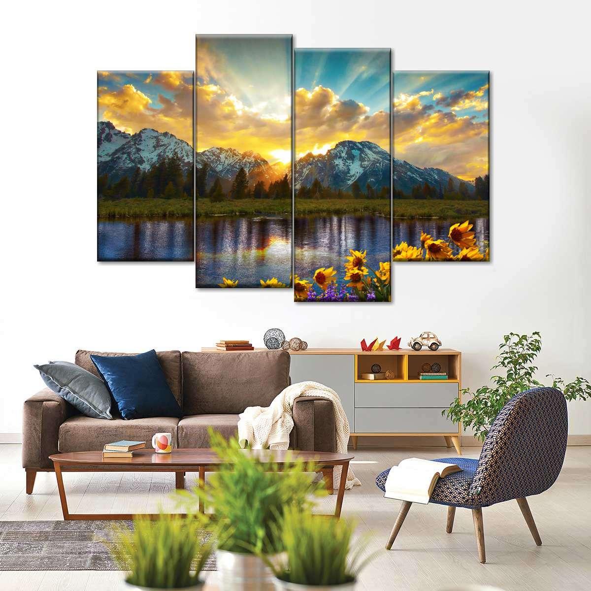 Lake & Mountains 4 Panel Canvas Painting HD Wall Art-Original Frame