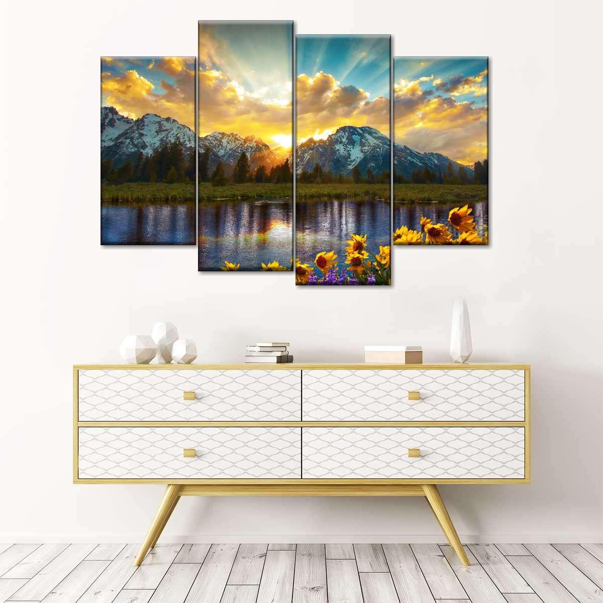 Lake & Mountains 4 Panel Canvas Painting HD Wall Art-Original Frame