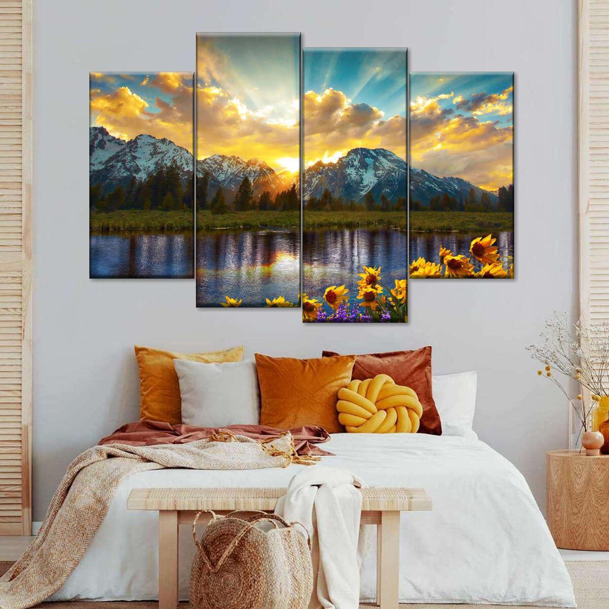 Lake & Mountains 4 Panel Canvas Painting HD Wall Art-Original Frame