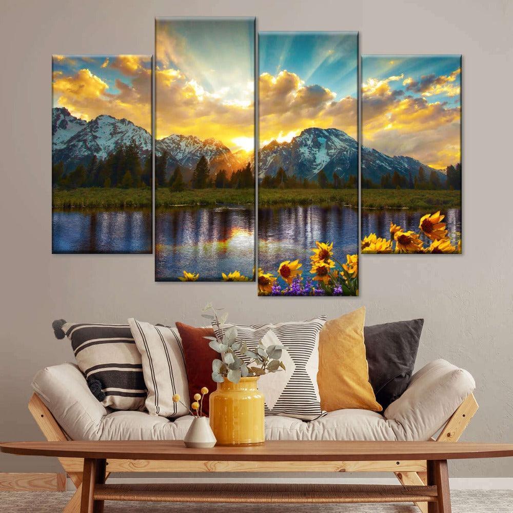 Grand Tetons with Reflection In Lake 4 Panels Canvas Painting-Original Frame