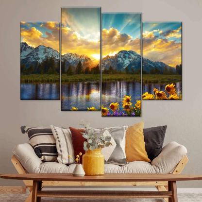 Grand Tetons with Reflection In Lake 4 Panels Canvas Painting-Original Frame