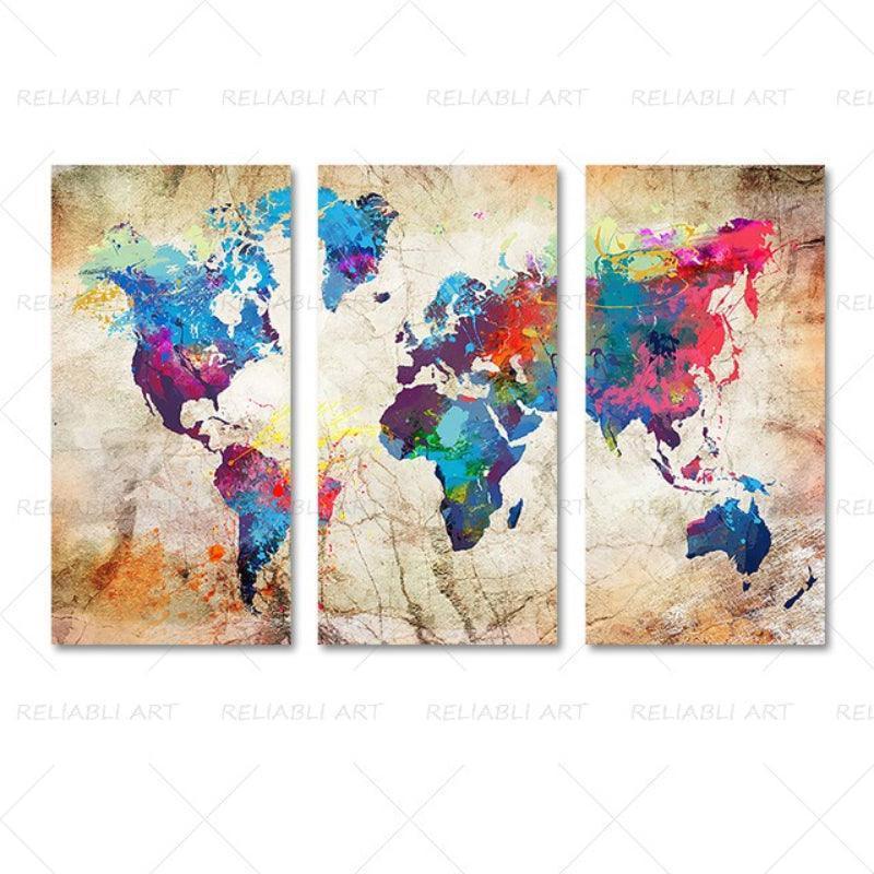 3 Panels World Map Canvas Paintings-Original Frame