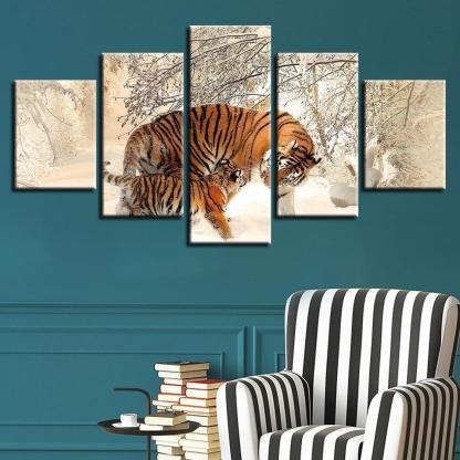 Winter Snow Tigers 5 Piece HD Multi Panel Canvas Wall Art Frame-Original Frame