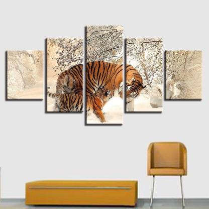 Winter Snow Tigers 5 Piece HD Multi Panel Canvas Wall Art Frame-Original Frame