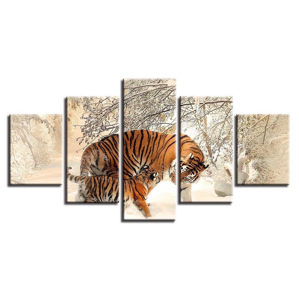 Winter Snow Tigers 5 Piece HD Multi Panel Canvas Wall Art Frame-Original Frame