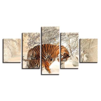 Winter Snow Tigers 5 Piece HD Multi Panel Canvas Wall Art Frame-Original Frame