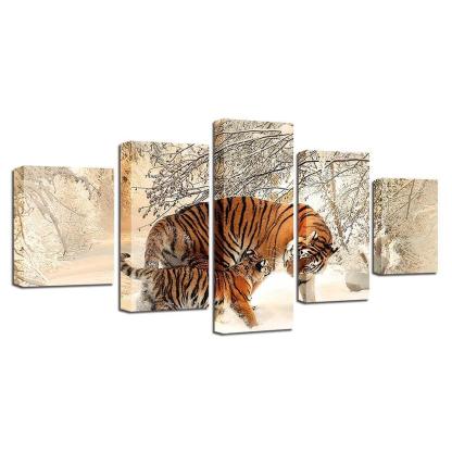 Winter Snow Tigers 5 Piece HD Multi Panel Canvas Wall Art Frame-Original Frame