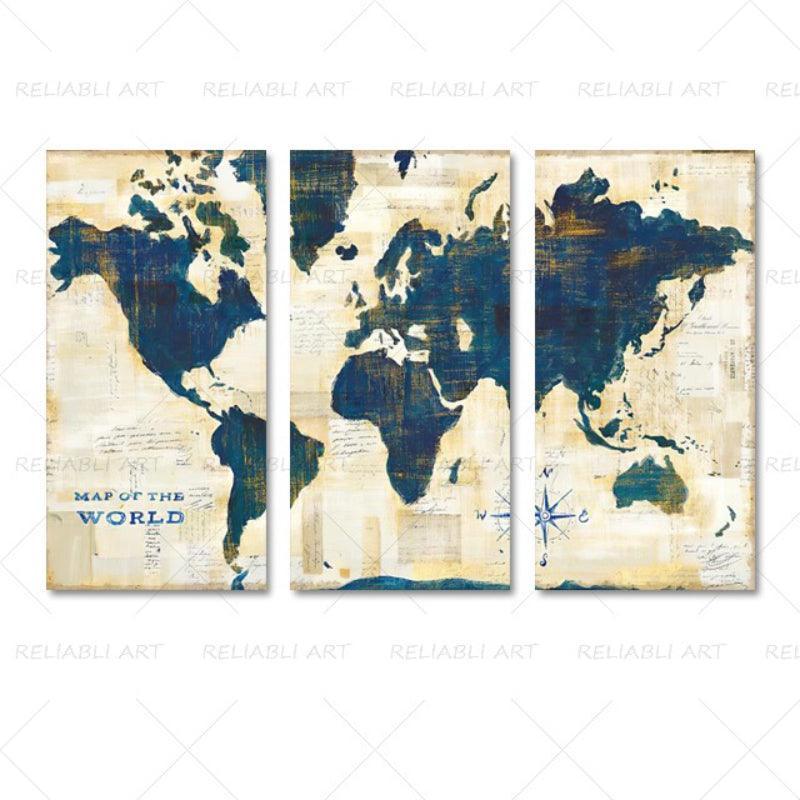 3 Panels World Map Canvas Paintings-Original Frame