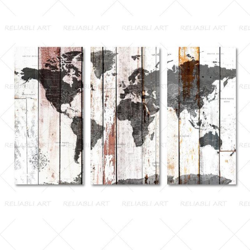 3 Panels World Map Canvas Paintings-Original Frame