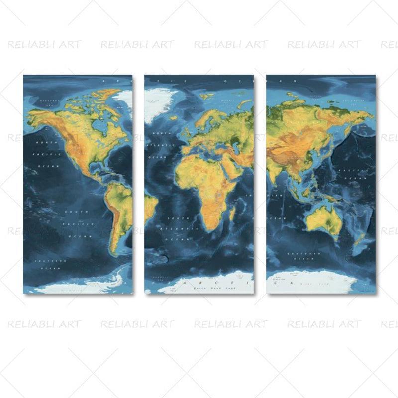 3 Panels World Map Canvas Paintings-Original Frame