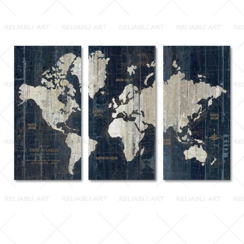 3 Panels World Map Canvas Paintings-Original Frame