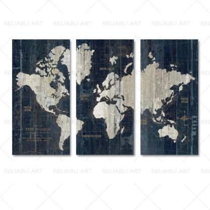 3 Panels World Map Canvas Paintings-Original Frame