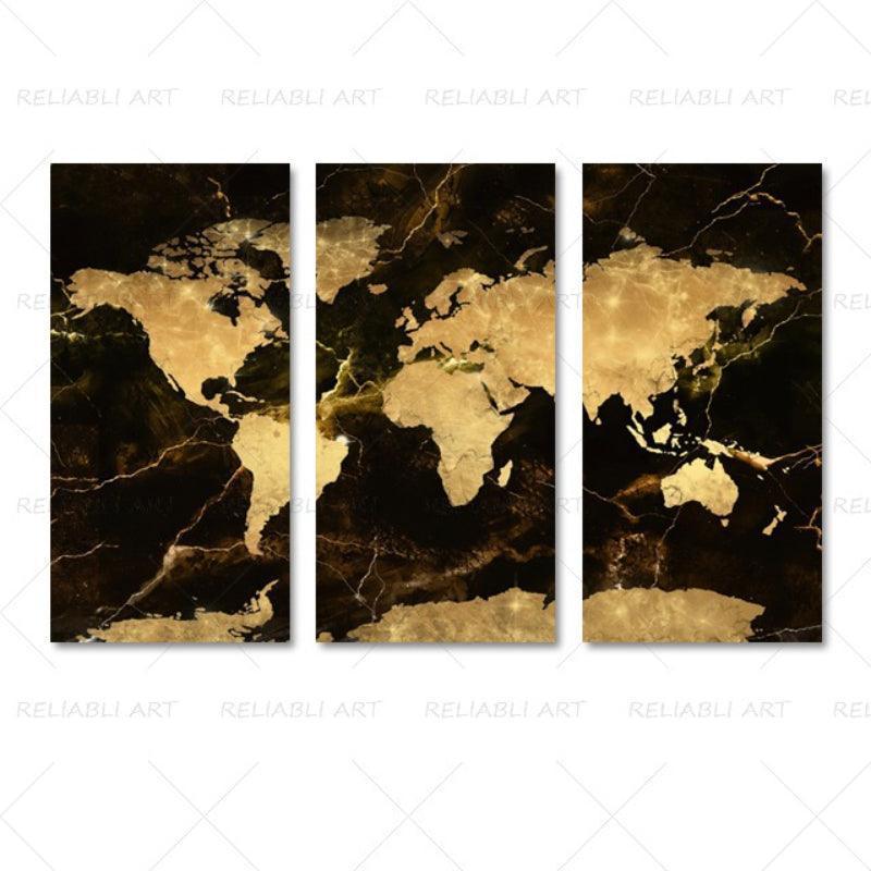 3 Panels World Map Canvas Paintings-Original Frame