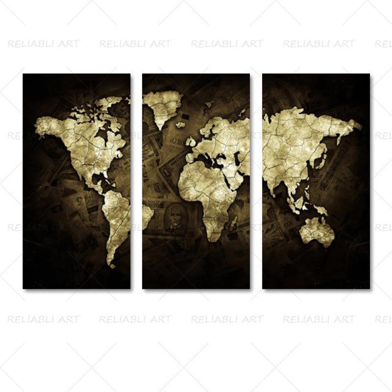 3 Panels World Map Canvas Paintings-Original Frame